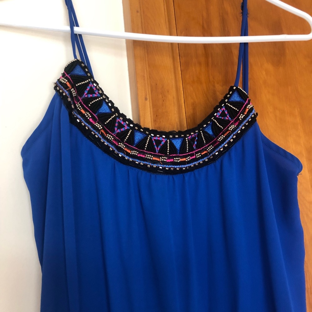 Royal blue maxi dress with geo detail on neckline